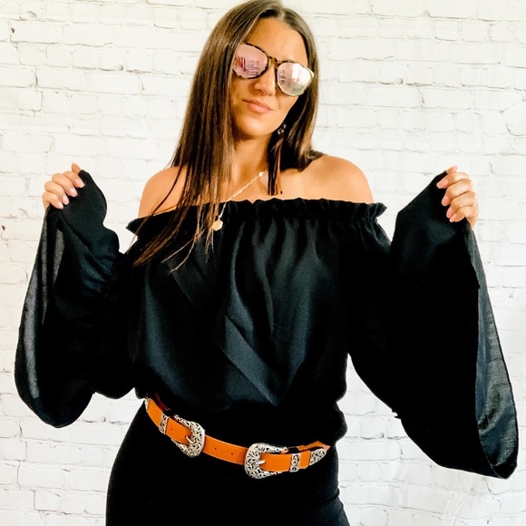 Black Off the Shoulder Flare Sleeve Top - Picture 1 of 2